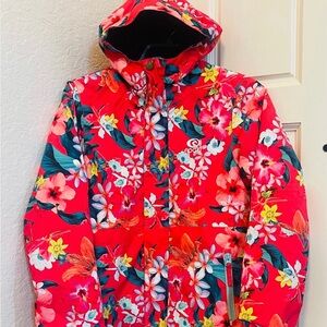Rip Curl Girls Snowboard Ski 10k Jacket, Bright Hawaiian Print, Fixed Hood sz 12